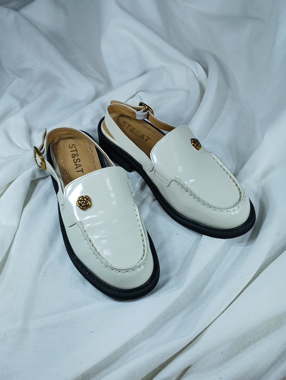 Girls' Cream Patent Slingback Loafers with Gold Rose Accent